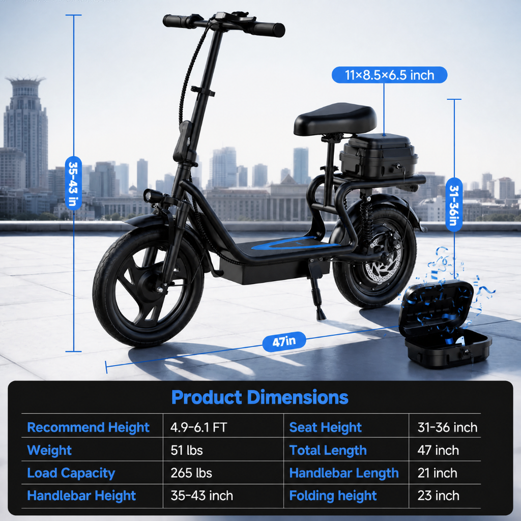 Adult Electric Scooter with Seat & Basket —  20 Miles Range
